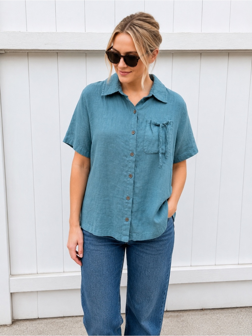 NWT Studio by Mish Women’s Size M Teal 100% Linen Pocket Button Front Shirt